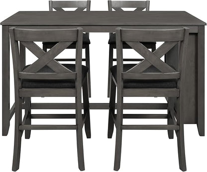 5 Pieces Counter Height Wooden Bar Table Set with 3-Tier Shelf and 4 Chairs, Rustic Farmhouse Dining Table Set for 4, Gray
