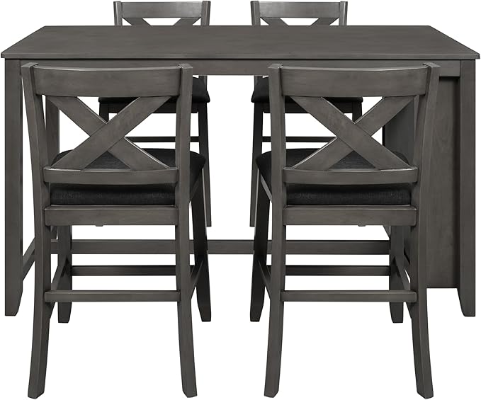 Counter Height Bar Table Set of 5,Rustic Farmhouse 4 Cushion Chairs with X Backs and Footrest for Kitchen,Dinning Room (Gray Tabletop+Frame+Fabric)