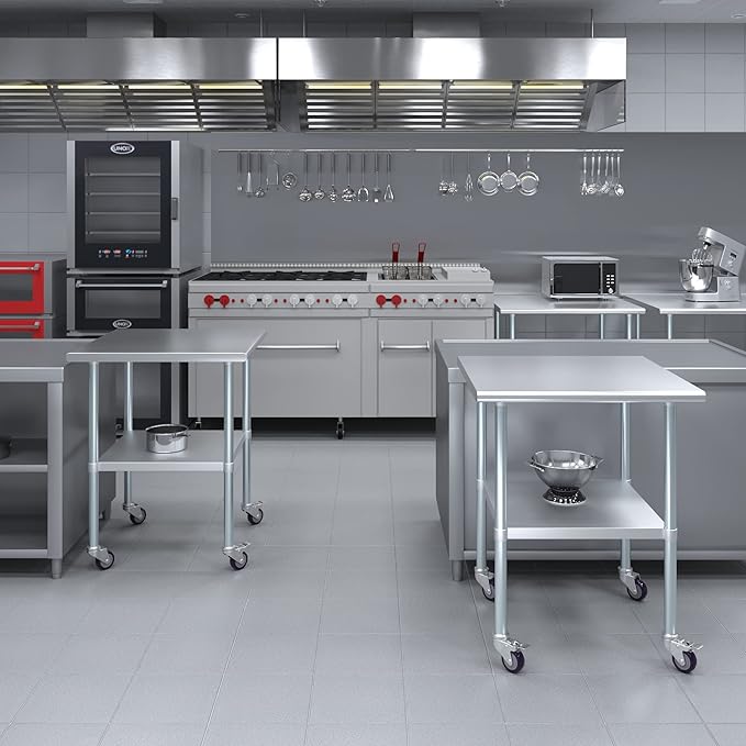 Stainless Steel Work Table with Wheels | NSF Kitchen Island Food Prep | Laundry Garage Utility Bench (Table + Wheels, 30" Long x 30" Deep)