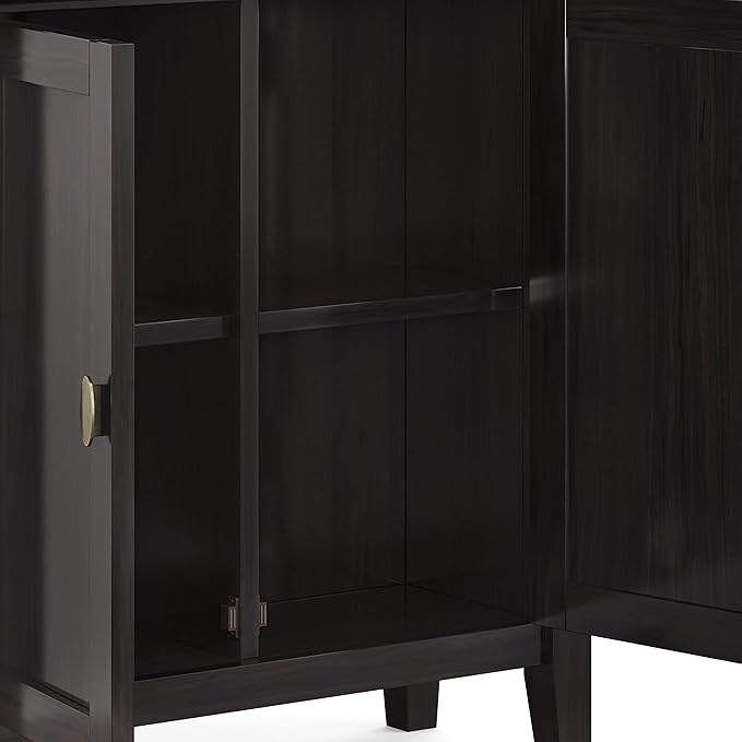 SIMPLIHOME Redmond Storage Cabinet - 32 inch Wide Solid Wood 2-Shelf Low Storage Cabinet in Hickory Brown, Transitional Accent Cabinet for Entryway with Adjustable Shelves and Tapered Legs