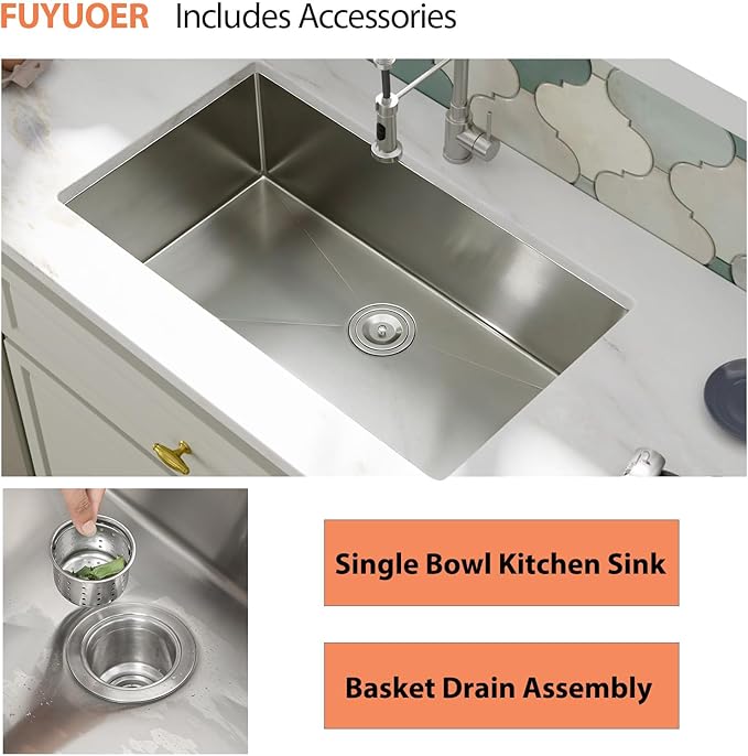 32 Inch Undermount Kitchen Sink - Fuyuoer 32x19 Inch Under Counter 16 Gauge Stainless Steel Single Bowl, 9'' Deep Basin with Round Corners