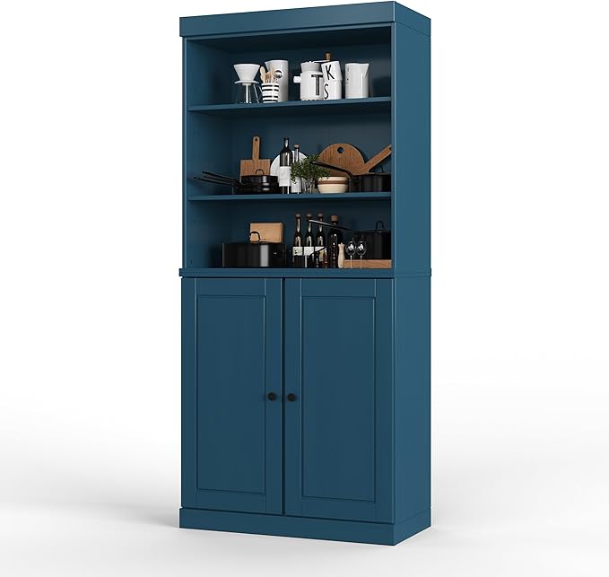 Palace Imports 100% Solid Wood Kitchen Pantry w/ 2 Wood Doors, Teal Blue, 32" w x 71.5" h, Renewable Eco-Friendly Pine, Made in Brazil