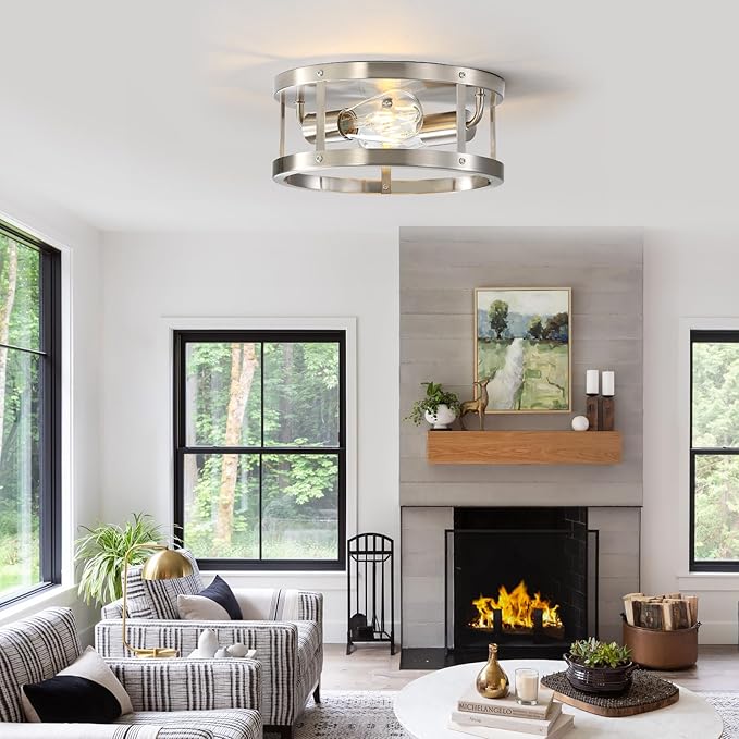 Close to Ceiling Light Fixtures, 2-Light Brushed Nickle Semi Flush Mount Ceiling Light, 11 Inch Modern Indoor House Kitchen Round Ceiling Lights for Bedroom Foyer Hallway, Easy Assembled