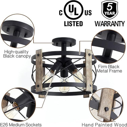 Bargeni Flush Mount Light Fixture,13-inch Rustic Ceiling Light Fixture,Matte Black Finish,3-Light Farmhouse Light Fixtures for Living Room,Kitchen,Bedroom,Dining Room,Foyer,Hallway
