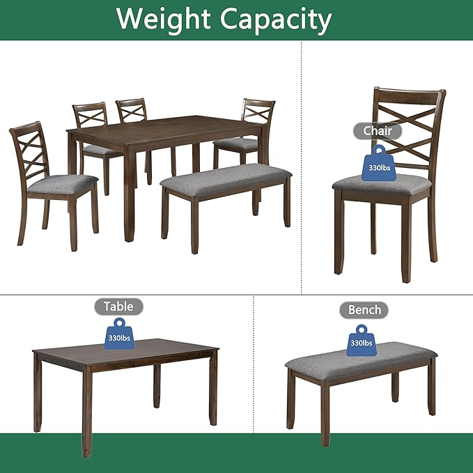 6 Piece Wooden Dining Table Set with 4 Chairs and a Bench, Rectangular Kitchen Table Set for 6 People, Modern Dining Room Table Set for Kitchen and Dining, Walnut