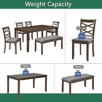 6 Piece Wooden Dining Table Set with 4 Chairs and a Bench, Rectangular Kitchen Table Set for 6 People, Modern Dining Room Table Set for Kitchen and Dining, Walnut