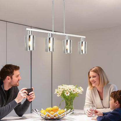 4-Light Kitchen Island Lighting, Chrome Dining Room Light Fixture/Island Light Over Table Hanging for Farmhouse Linear Chandeliers Rustic Ceiling Pendant Light Fixtures with Smoke Gray Glass Shade