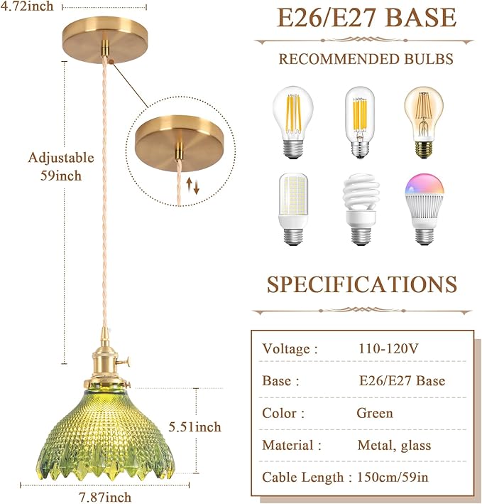 Pendant Lights Kitchen Island, Vintage Light Fixtures with Green Glass, 7.8inch Light Fixtures Brushed Gold Hanging Ceiling for Dining Living Room Kitchen Bedroom Island Entryway