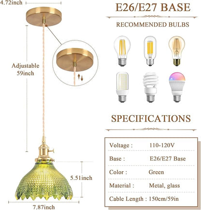 Pendant Lights Kitchen Island, Vintage Light Fixtures with Green Glass, 7.8inch Light Fixtures Brushed Gold Hanging Ceiling for Dining Living Room Kitchen Bedroom Island Entryway