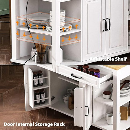 Versatile Kitchen Island Cart with Extendable Dining Table, Ample Storage, Built-in Power Outlet, and Adjustable Shelves - White and Natural Wood