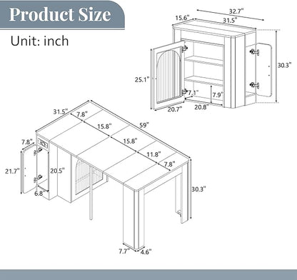 15.6" - 59" Extendable Dining Table, Mobile Kitchen Island with Storage Cabinet, Power Outlet and LED Lights, Space-Saving Dining Table for Small Spaces, Blue and Natural