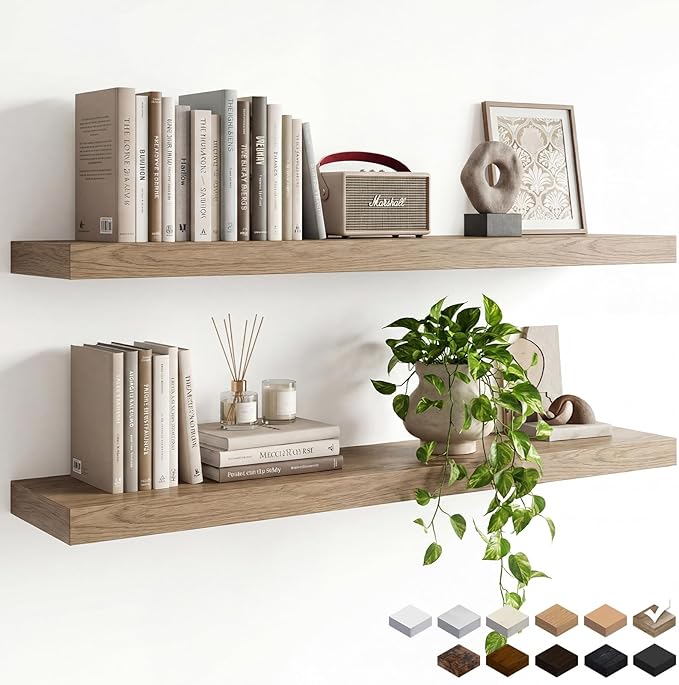 INHABIT UNION 47in Floating Shelves for Wall, Wall Mounted Shelves for Decor Storage Set of 2, Floating Shelf for Bedroom, Bathroom, Living Room and Kitchen（Gray Oak）