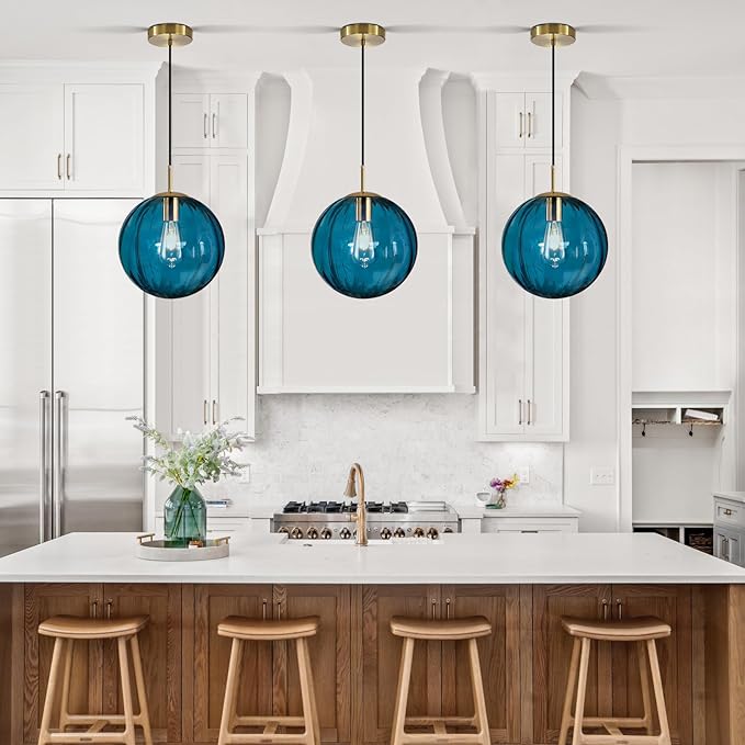 Modern Blue Glass Pendant Light, Kitchen Island Lighting 3-Pack Globe Pendant Light Fixtures Century Kitchen Island Pendant Lighting for Bedroom Living Dining Room Light Fixture (Without Bulb)