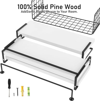 White Wood Floating Shelves Wall Mounted - 3+1 Tier Rustic Bathroom Wall Shelves Over Toilet with Wire Storage Basket & Towel Bar, set of 3 Farmhouse Floating Shelf for Bathroom,Kitchen,Bedroom
