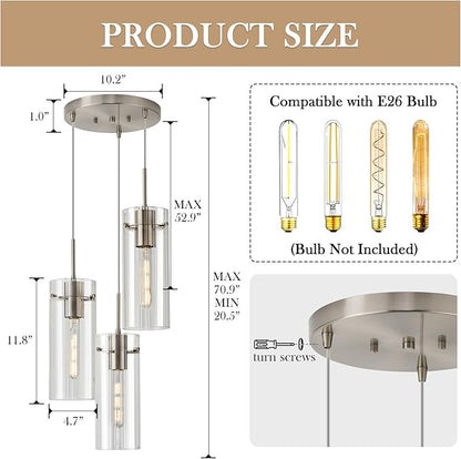Modern Cluster Pendant Lights, Brushed Nickel Cluster Chandelier with Clear Ribbed Glass, 3 Light Pendant Lighting for Kitchen Island, Staircase, Dining Room, Living Room
