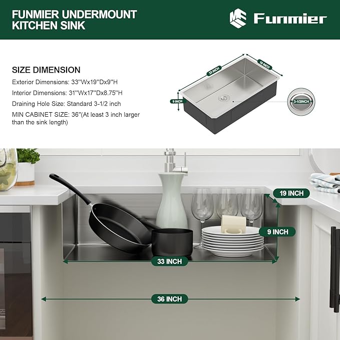 33 Inch Undermount Kitchen Sink 33 x 19 Undermount Kitchen Sinks Stainless Steel 16 Gauge Single Bowl Under Mount Deep Basin Handmade with Offset Drainer