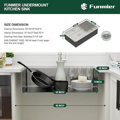 33 Inch Undermount Kitchen Sink 33 x 19 Undermount Kitchen Sinks Stainless Steel 16 Gauge Single Bowl Under Mount Deep Basin Handmade with Offset Drainer