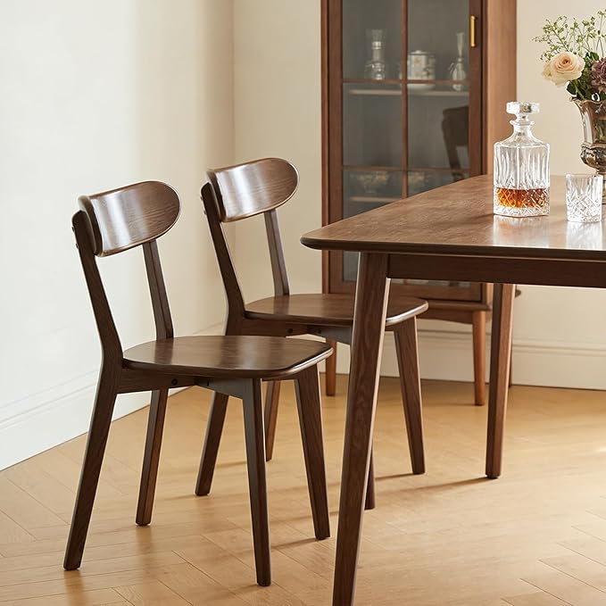 Solid Wood Dining Chairs Set of 2, Walnut Finish - Mid Century Modern Kitchen & Dining Room Chairs with Curved Back, 400 lb Capacity - Crafted from FAS-Grade North American Oak, Easy Assembly