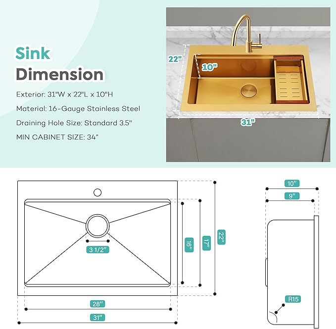 Rhbamoa Gold Kitchen Sink,31 Inch Gold Drop in Kitchen Sink Single Bowl,16 Gauge T304 Stainless Steel Workstation Sinks,10 Inch Deep Topmount Sinks with All Accessories