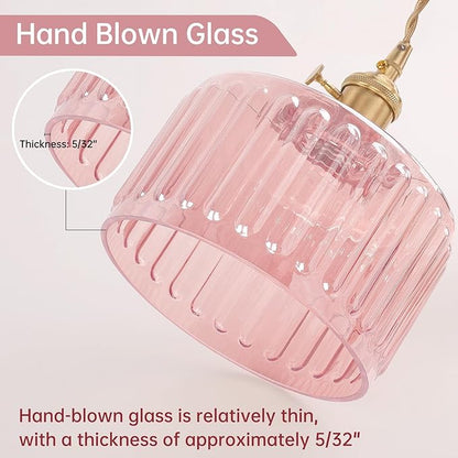 Shenmoyl Plug in Pendant Light Hanging Light Fixtures with Plugin Cord On/Off Switch,Pink Striped Glass Lampshade Brass Pendant Light