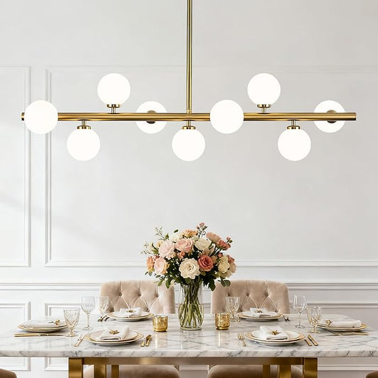 Mid Century Modern Globe Sputnik Chandelier, 9-Light Linear Chandeliers for Dining Room and Kitchen Island, Dining Light Fixture Over Table, Brass Gold and Milk White Glass Bubble, 40 Inch