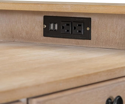 4-Piece Dining Bar Table Set with 3 Upholstered Stools, Multifunctional Dining Table with 3 Drawers,USB Port and a Power Strip, Perfect for Small Spaces (Natural Wood Wash//USB)