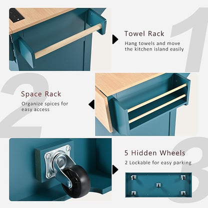 55.7'' Large kitchen Island with 2 Drop Leaf and Power Outlet, Rolling Kitchen Islands on Wheels with 3 Drawers and Storage Cabinet, Folding Dining Table with Spice & Towel Rack for Dining Room Green