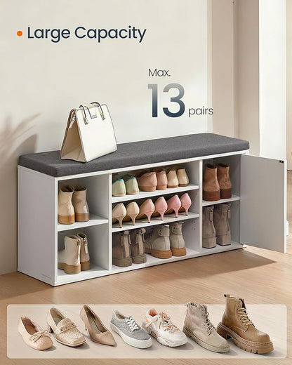 SONGMICS HOME Storage Bench, Superfast Toolless Assembly, 41" Wide Entryway Shoe Cubby Bench with Cushion & Adjustable Shelves, Window Shoe Rack Cabinet, Snow White and Slate Gray ULHS391WE02S