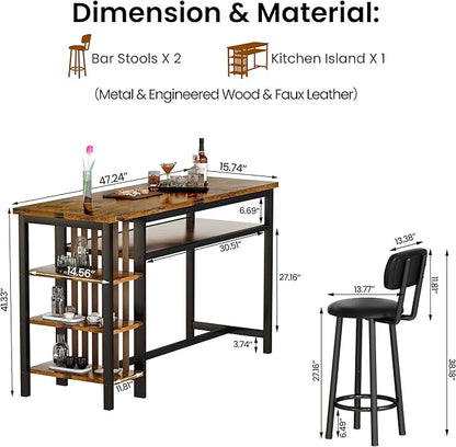 DKLGG Bar Table and Chairs Set for 2, 3-Piece Counter Height Dining Table with Stools, Hightop Kitchen Island Table with Storage Shelves for Kitchen, Bar, Pub, Bistro