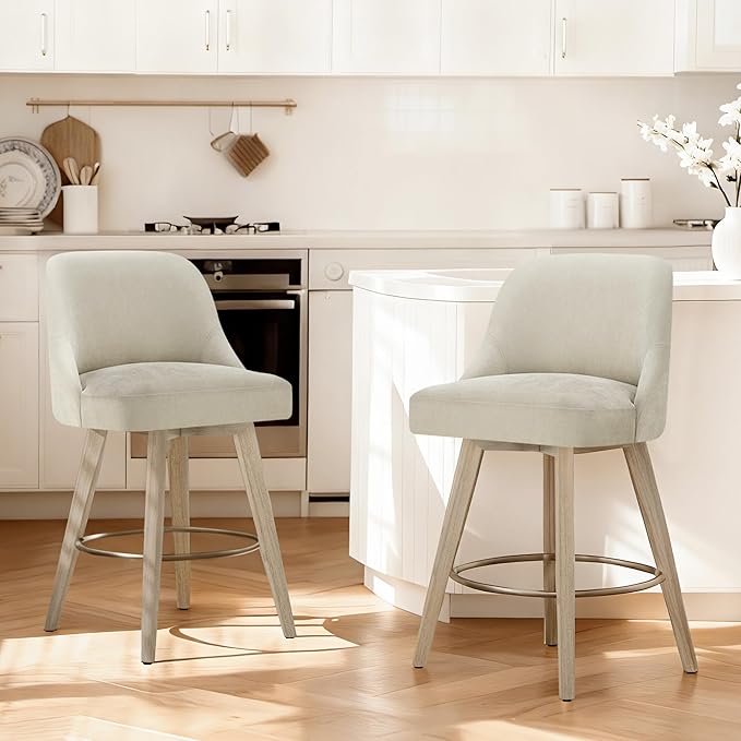 Counter Height Bar Stools Set of 4, Modern Swivel Barstools with Back and Wood Legs, Fabric Upholstered Bar Chairs, 26" Seat Height Counter Stools for Kitchen Island,Sand