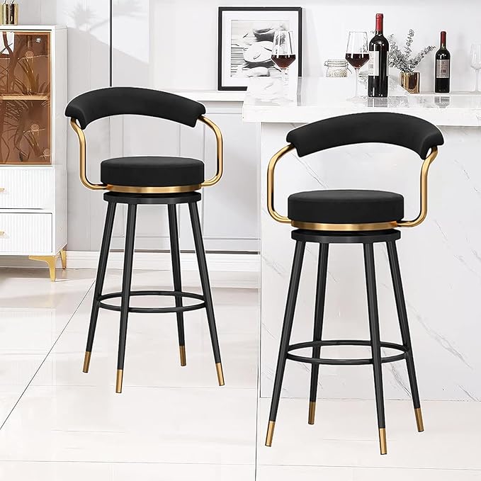 Swivel stools 1PC, Velvet Upholstered Stools with Hollow Back, Metal Chair Legs & Footrest for Kitchen Island Dining Room Pub Home, Seat Height 65cm, Black (Black Seat Height 75cm