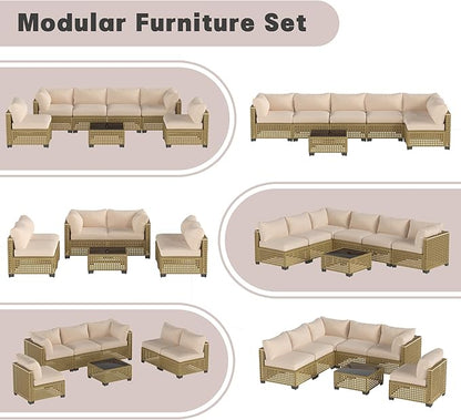 Patio Furniture Set, 7-Piece Outdoor Sectional Couch with Coffee Table & Thick Cushions, Outdoor Wicker Conversation Set for Backyard, Poolside, Garden (Yellow-White, 7 Piece-Single)