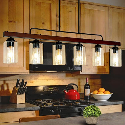 COTULIN 6-Light Farmhouse Kitchen Island Lighting, Dining Room Light Fixture, Rustic Wood Linear Chandelier Hanging, Black Pendant Light with Adjustable Rods and Seeded Glass Shades