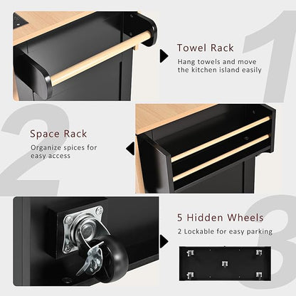 55.7'' Large Kitchen Island with 2 Drop Leaf, Rolling Kitchen Cart on 5 Wheels with Power Outlet, Folding Storage Dining Table with Spice and Towel Rack, 3 Drawers for Kitchen, Dining Room (Black-JAB)