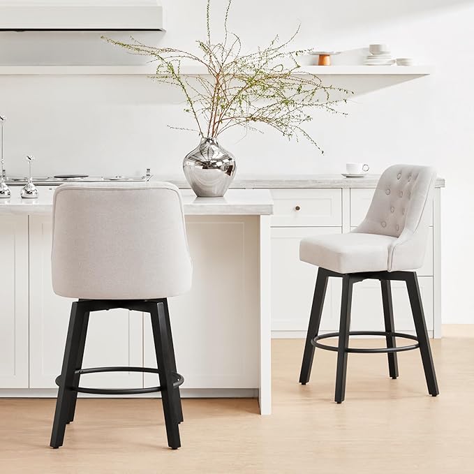 KISLOT Swivel Counter Height Bar Stools Set of 4, 26" Upholstered Fabric Barstools with Back, Thick Seat and Square Solid Wood Legs for Kitchen Island Home Bar, Beige