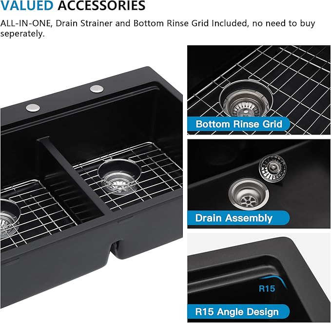 33"x22" Granite Composite Kitchen Sink Double Bowl - Matte Black Ledge Workstation Drop In Top Mount Double Bowl 50/50 Quartz Classic Above Counter Basin
