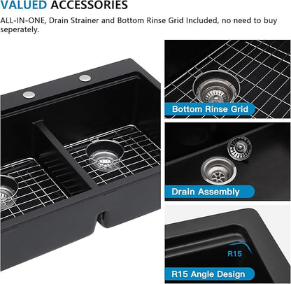 33"x22" Granite Composite Kitchen Sink Double Bowl - Matte Black Ledge Workstation Drop In Top Mount Double Bowl 50/50 Quartz Classic Above Counter Basin
