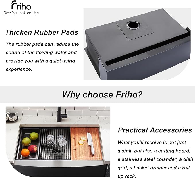 Friho Black Farmhouse Sink, 33 Inch Farmhouse Kitchen Sink Workstation 16 Gauge Stainless Steel 9 Inch Deep Single Bowl Farm Sink with Accessories