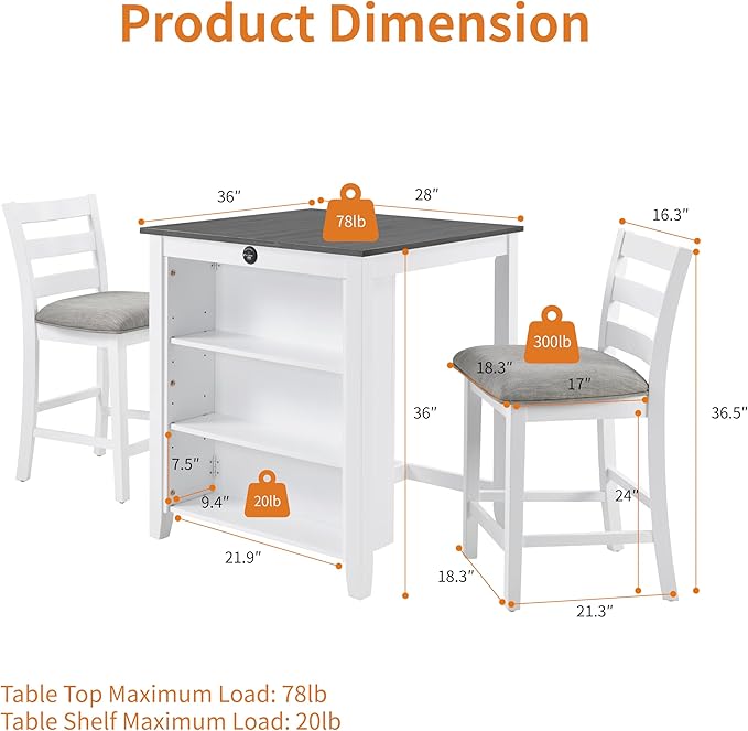 Bar Table Set with Charging Station & 3-Tier Storage, Space-Saving Dining Table Set for 2 with Upholstered Chairs, Small Kitchen Island for Apartment (36 Inch+Off White)