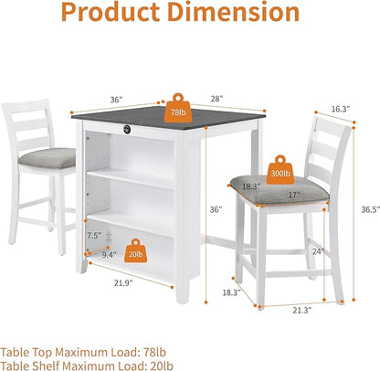 Bar Table Set with Charging Station & 3-Tier Storage, Space-Saving Dining Table Set for 2 with Upholstered Chairs, Small Kitchen Island for Apartment (36 Inch+Off White)