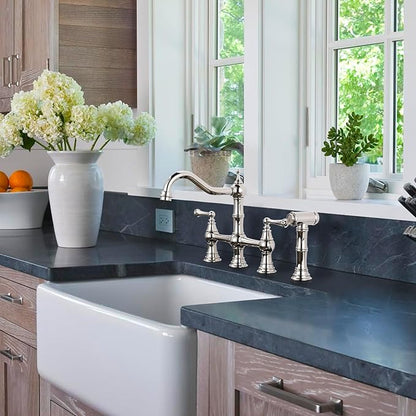 Bridge Kitchen Faucet with Side Sprayer, WOWOW Solid Brass Kitchen Faucet for Sink 4 Hole Polished Nickel Kitchen Sink Faucet, Two Handle 8 Inch Centerset Bridge Faucet