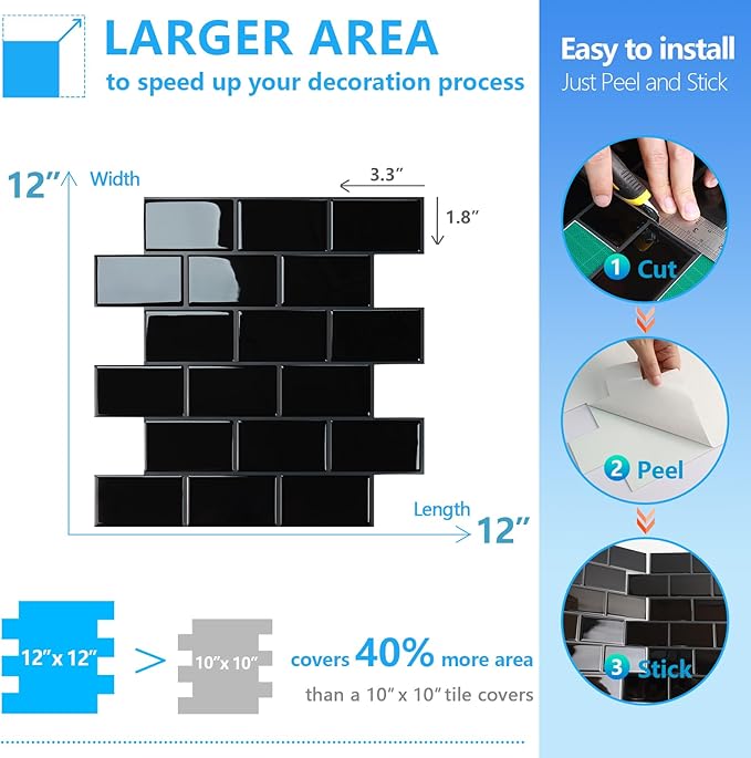 STICKGOO Peel and Stick Backsplash Subway Tiles, 10 Sheets of 12" x 12" - 3D Adhesive Peel and Stick Tile Backsplash for Kitchen, Bathroom, Wall Tile (Thicker Design, Black with Grey Grout)