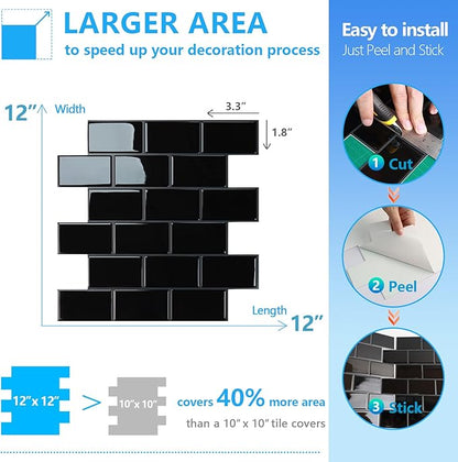 STICKGOO Peel and Stick Backsplash Subway Tiles, 10 Sheets of 12" x 12" - 3D Adhesive Peel and Stick Tile Backsplash for Kitchen, Bathroom, Wall Tile (Thicker Design, Black with Grey Grout)