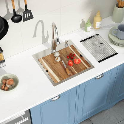 Drop in Bar Sink Workstation 18x18 Inch 16 Gauge Stainless Steel Handmade Topmount Kitchen Sink Single Bowl - 8 Inches Deep
