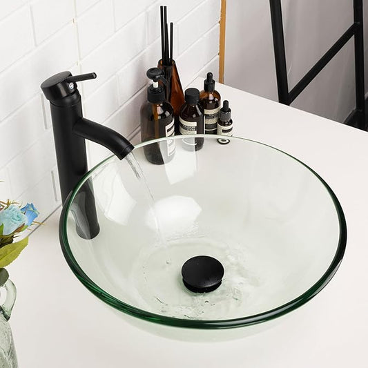 Design Vessel Sink Bathroom Sink above counter Small Vessel Sink Bathroom Sink Bowl Countertop Modern Sinks with faucet and drain combo 16.5" Round Transparent New