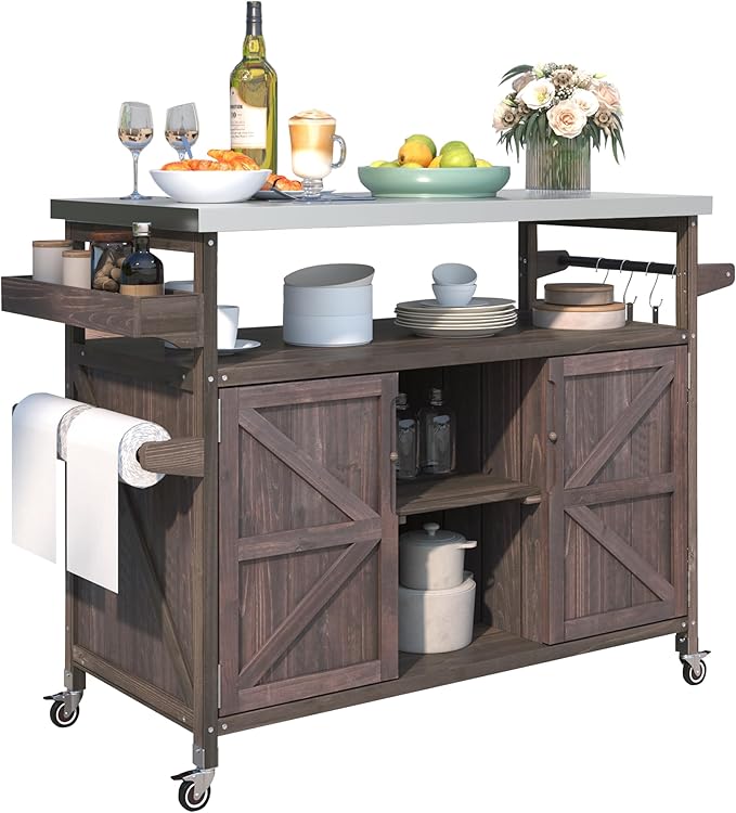 50.25" Kitchen Island Rolling Bar Cart & Storage Cabinet, Farmhouse Solid Wood Outdoor Grill Table with Stainless Steel Top and Spice, Towel Rack for BBQ,Dark Brown