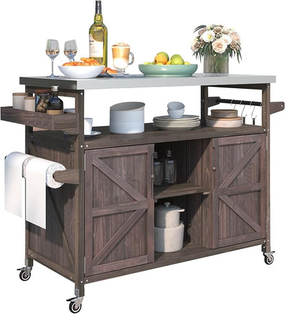 50.25" Kitchen Island Rolling Bar Cart & Storage Cabinet, Farmhouse Solid Wood Outdoor Grill Table with Stainless Steel Top and Spice, Towel Rack for BBQ,Dark Brown