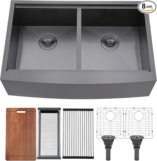 VCCUCINE 33 Inch Gunmetal Black Double Farmhouse Sink, 33X22 Double Bowl Farmhouse Kitchen Sink, 16 Gauge 50/50 Stainless Steel Apron Front Farm Sink, Drop In Workstation Farmer Sink With Accessories