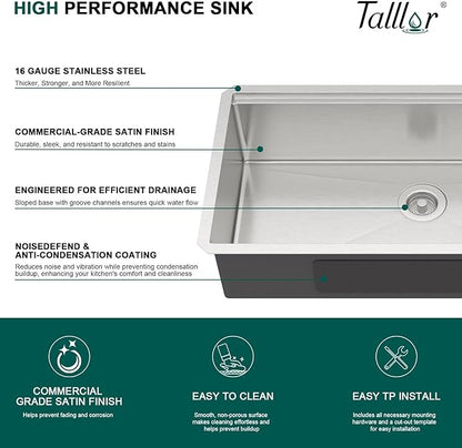 36 Inch Undermount Kitchen Sink - 36x19 Workstation All-In One 16 Gauge T-304 Stainless Steel Single Bowl Under Counter Large Kitchen Sink with Cutting Board and New-Accessories #TLU-0037
