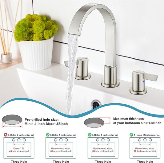 Midanya 8 inch Widespread Bathroom Sink Faucet,Modern Waterfall 3 Hole 2 Handles Bathroom Faucet 8" Vanity Faucets with Pop Up Drain and Water Supply Lines,Brushed Nickel